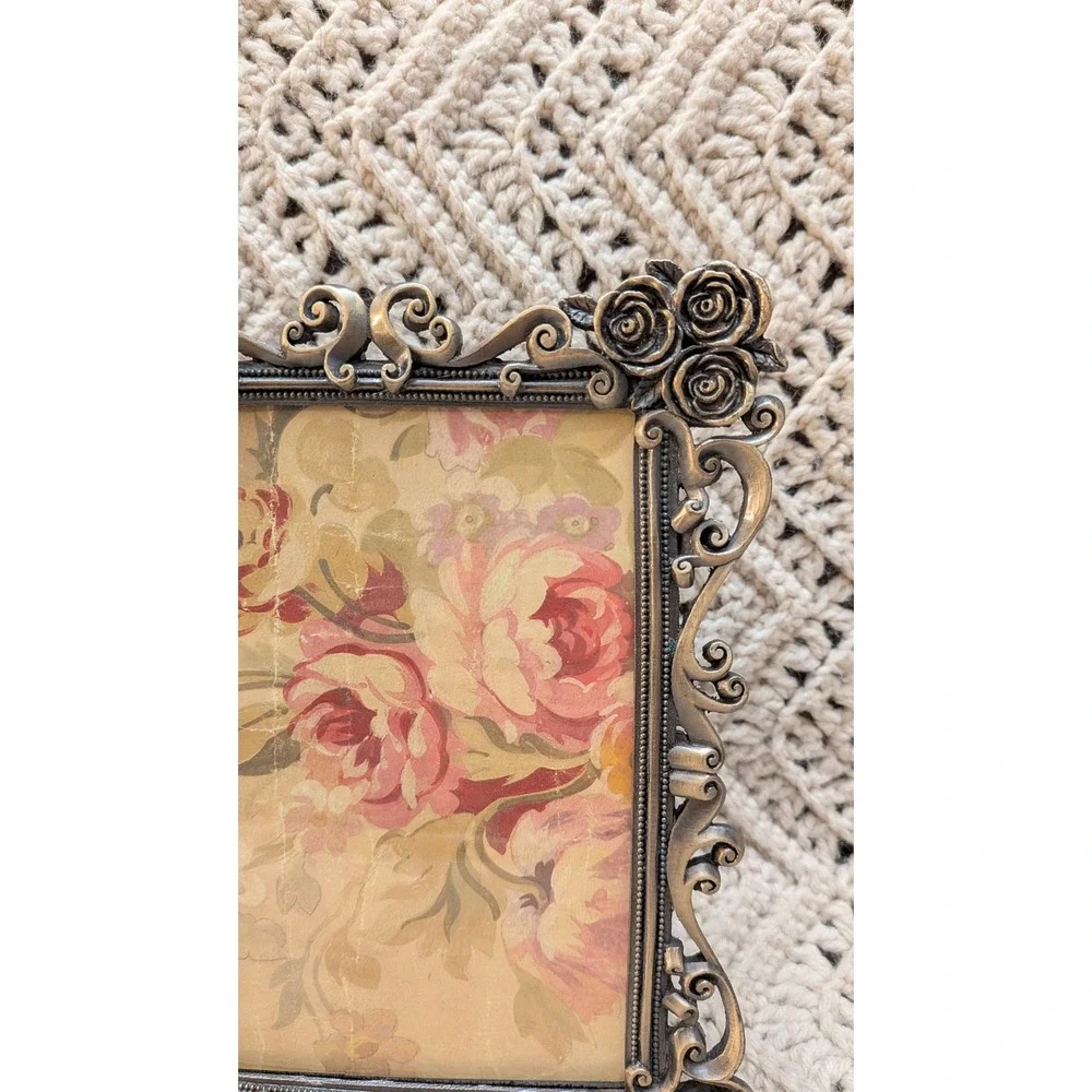 Vintage Victorian Style Ornate Rose Pewter Metal 5x7 Picture Frame Scrollwork